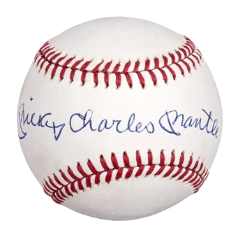 Mickey Mantle Signed "Mickey Charles Mantle" OAL Brown Baseball (PSA/DNA MT 8)